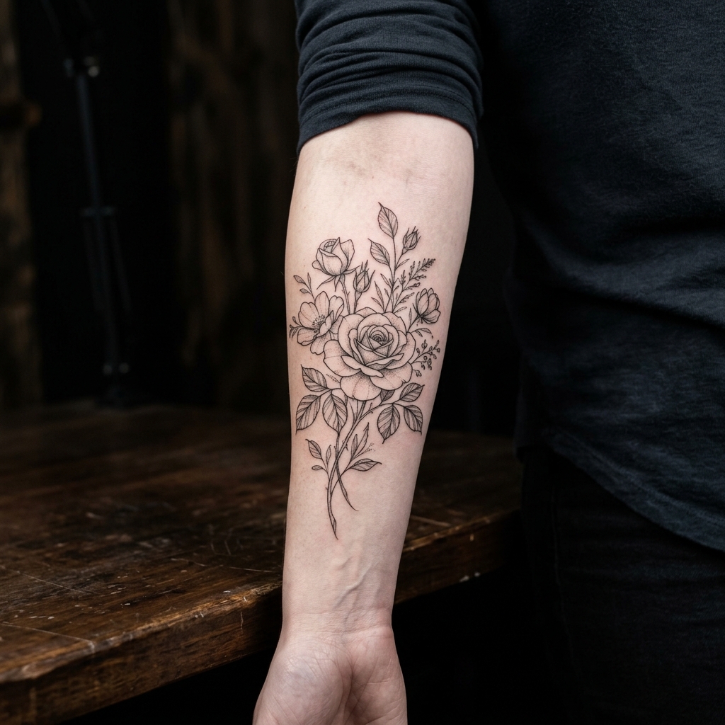 Tatuaje fine line botánico — estilo que escalamos